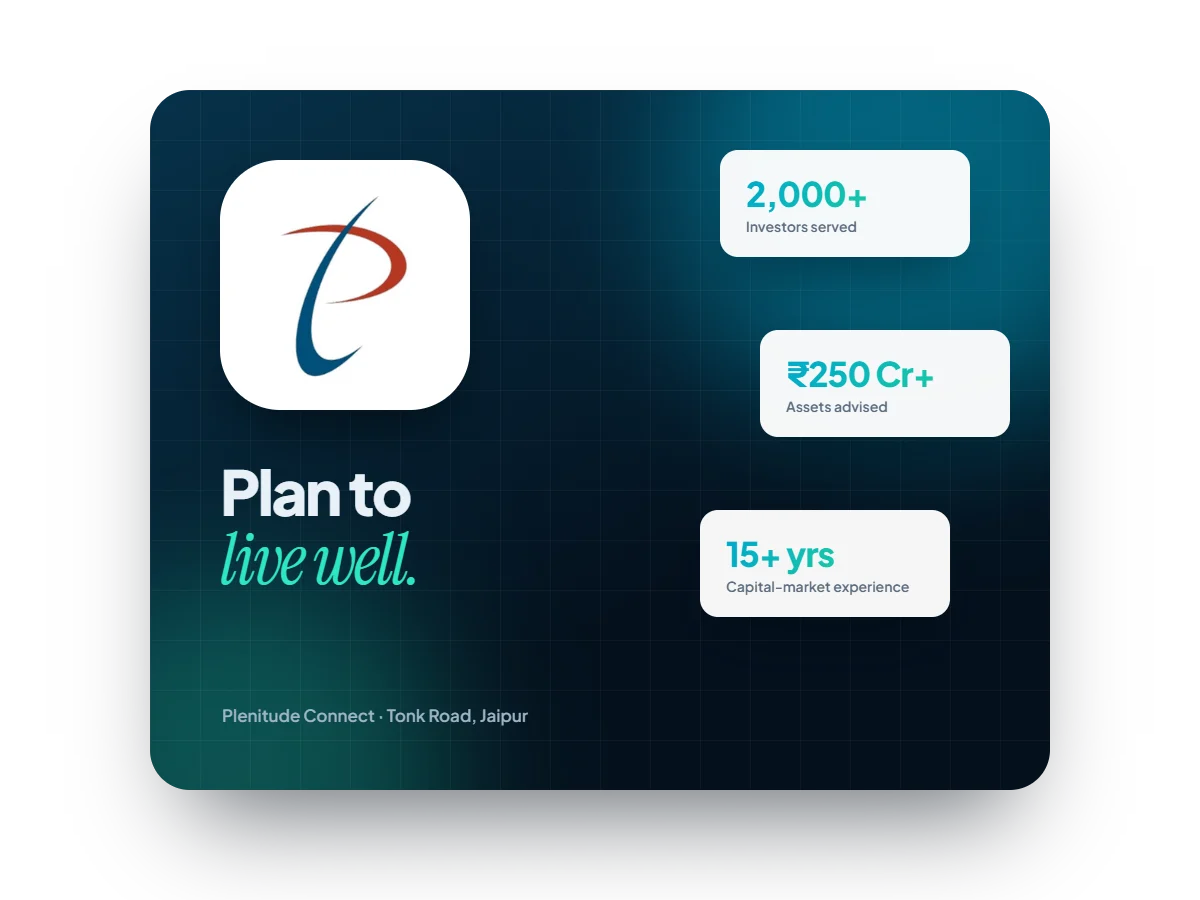 Plenitude Connect brand card: 2,000+ investors, ₹250 Cr+ advised, 15+ years' experience