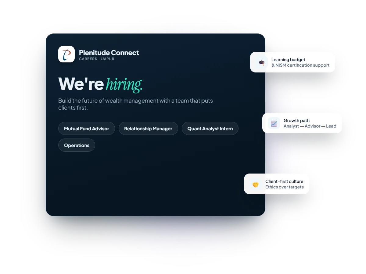 Plenitude Connect careers card: we're hiring advisors, relationship managers and quant interns
