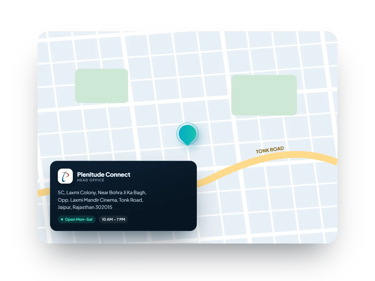 Map card showing the Plenitude Connect office on Tonk Road, Jaipur